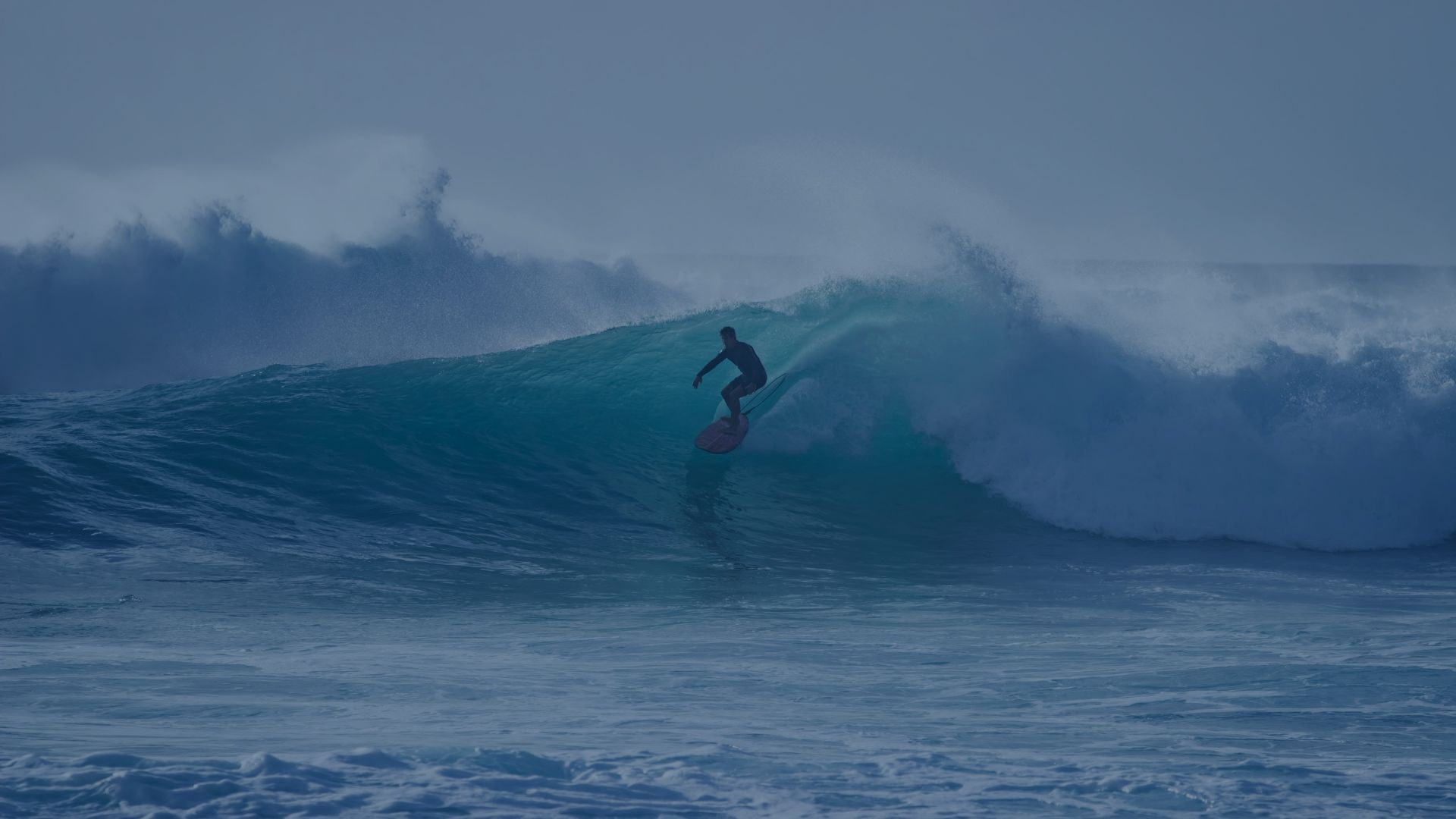 A surfer riding the face of a large wave